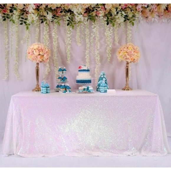 Iridescent White 60x102 inch Sequin Rectangle Tablecloth Wedding Decor